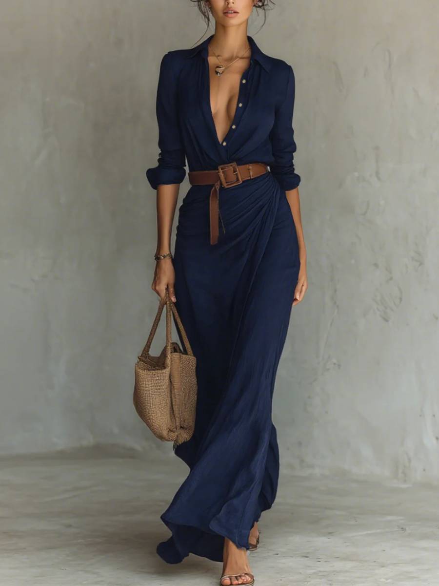 Ladies Lapel Single Breasted Long Sleeve Belted Maxi Dress