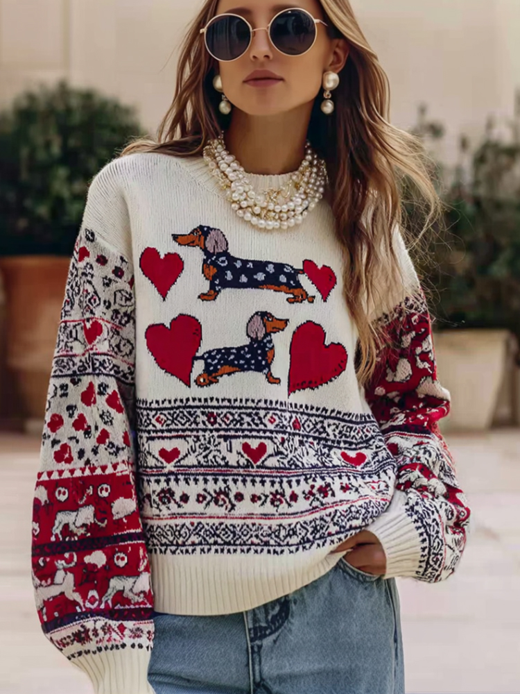 Valentine's Day Heart Dog Art Stripe Jacquard Crew Neck Sweater