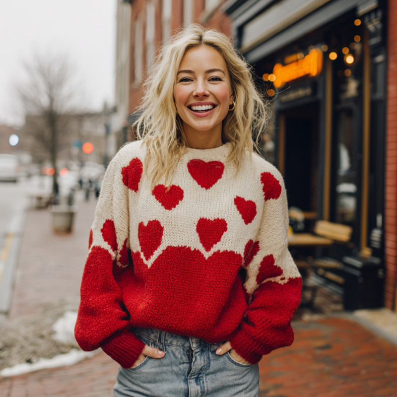 Women's Valentine's Day Heart Pattern Color Block Comfortable Knit Swe