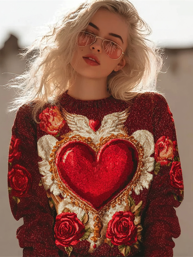 Valentine's Day Love Rose Pattern Glitter Women's Cozy Crew Neck Sweater