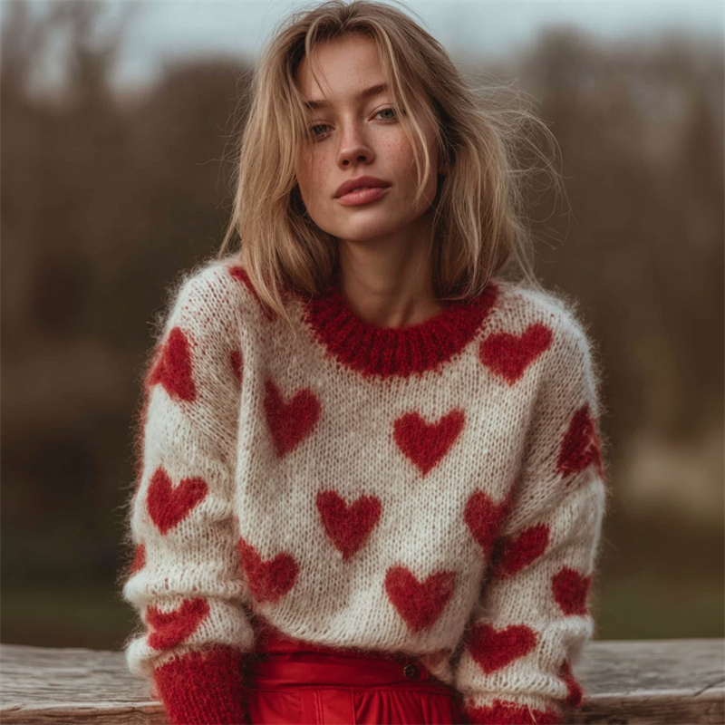 Vintage Valentine's Day Hearts Pattern Cozy Knit Sweater