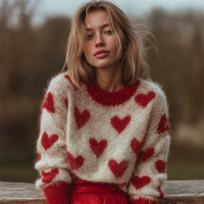 Vintage Valentine's Day Hearts Pattern Cozy Knit Sweater