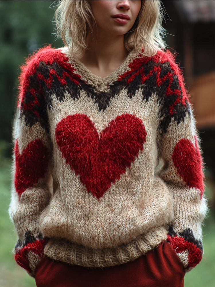 Valentine's Day Love Heart Pattern Women's V-neck Sweater
