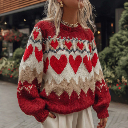 Women's Valentine's Day Heart Pattern Comfortable Knit Sweater