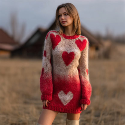 Valentine's Day Hearts Contrast Gradient Cozy Knit Sweater Dress