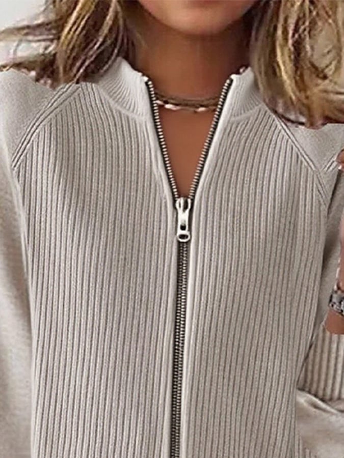 Women'S Autumn And Winter Zipper Long-Sleeved Patchwork Sweater