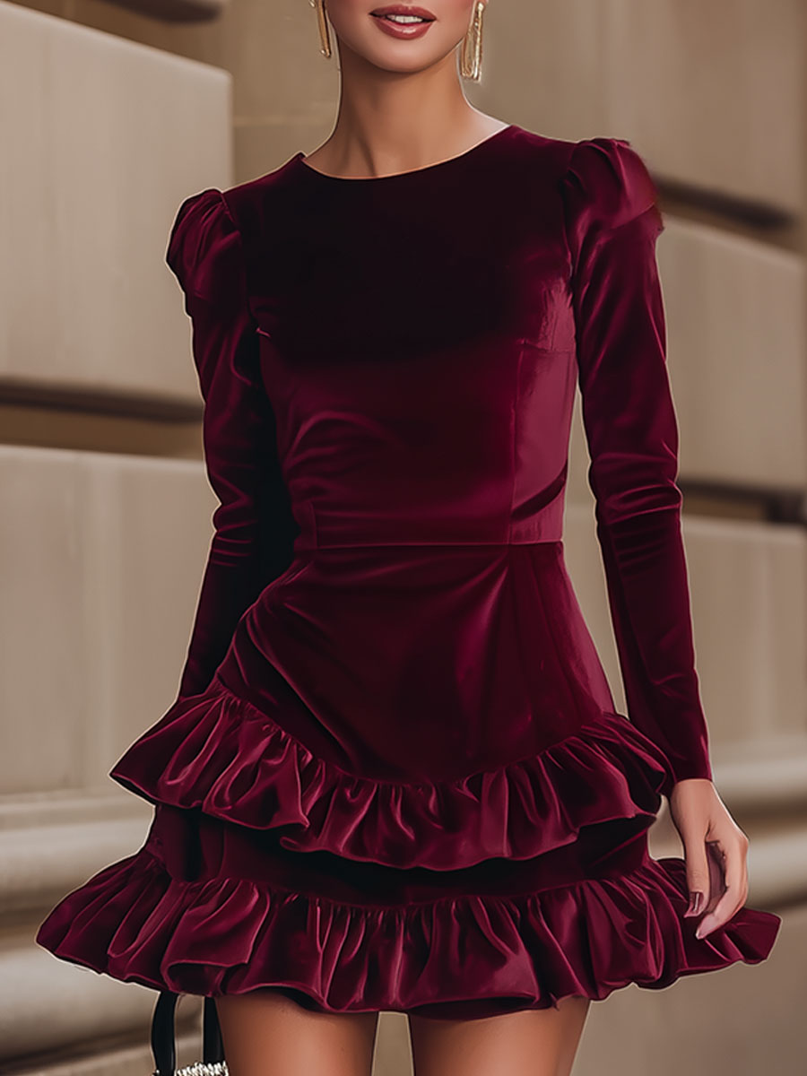 Elegant Burgundy Velvet Ruffle Dress - Perfect For Every Occasion