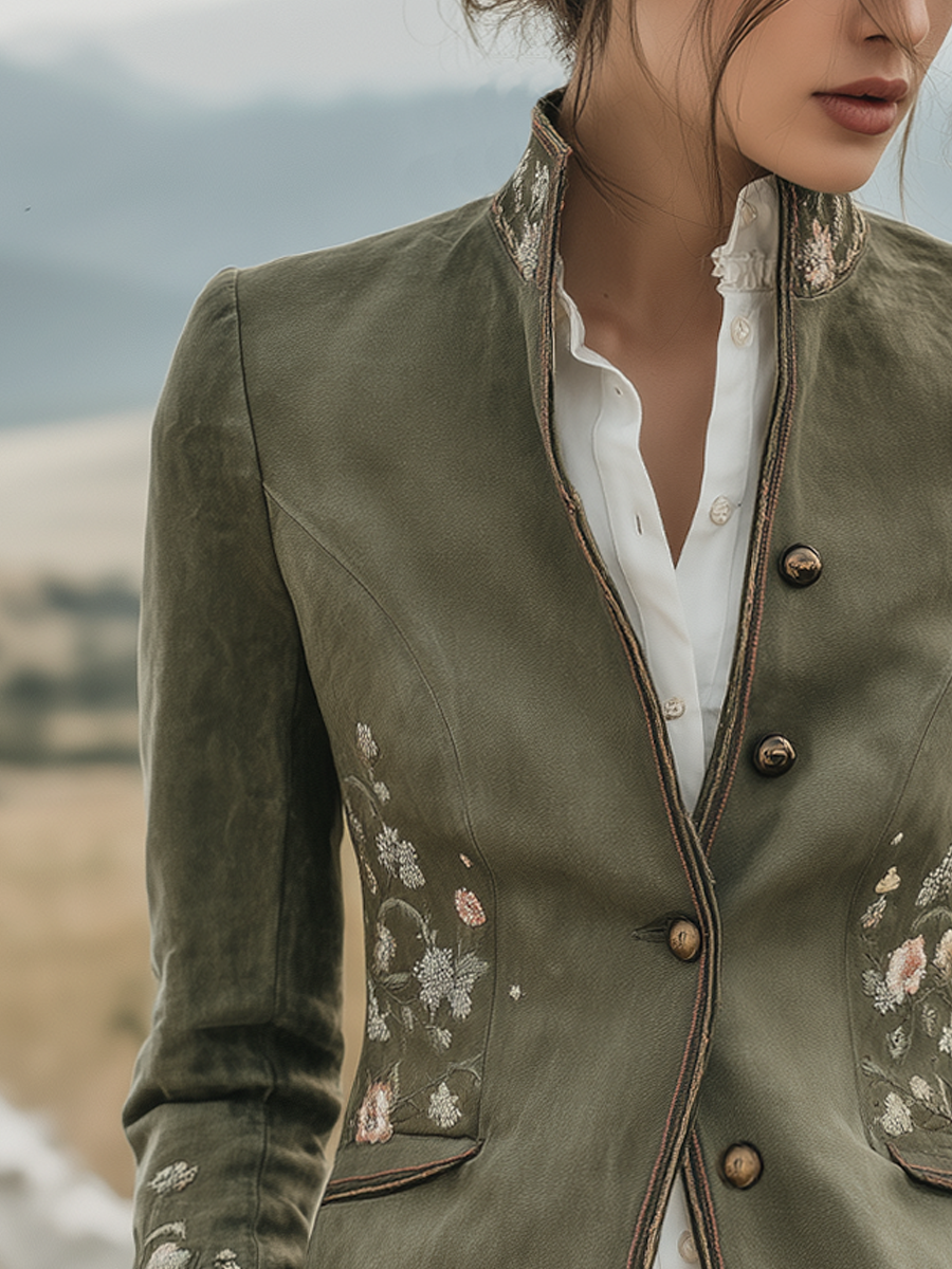 Retro Stand-up Collar Floral Embroidery Contrast Trim Jacket