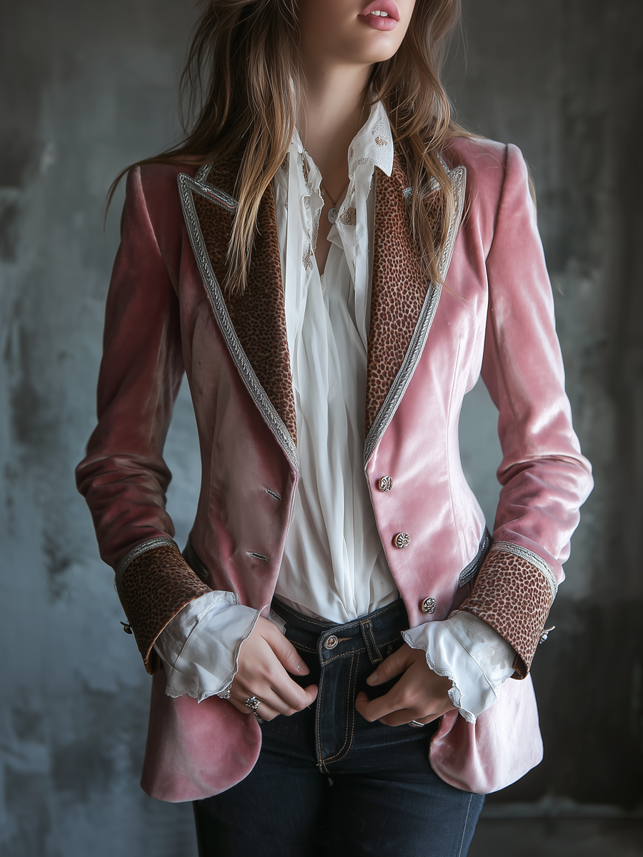 Vintage Eco-friendly Velvet Leopard Collar Jacket