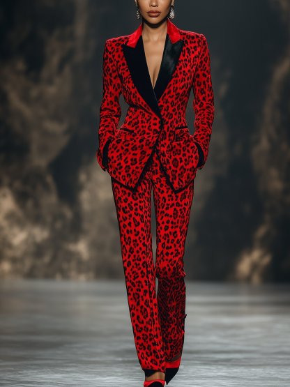 Shipping Striking Red Leopard Print Suit
