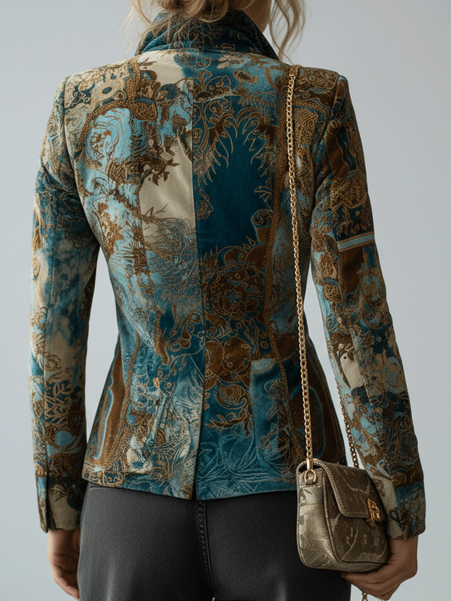 Vintage Baroque Velvet Teal And Gold Tapestry Print Jacket