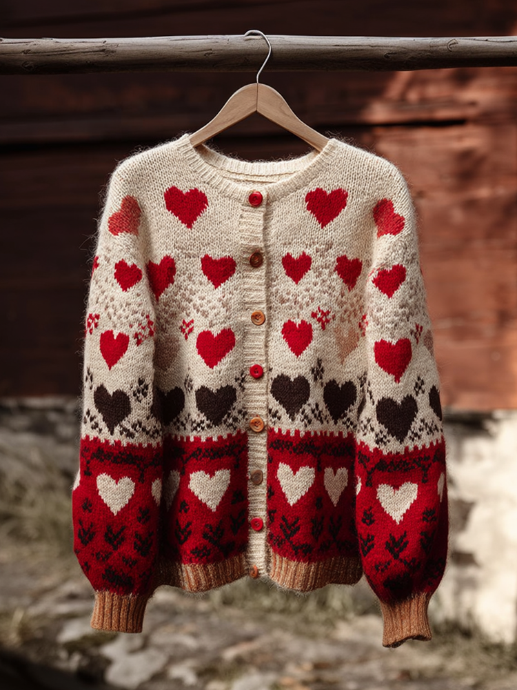 Valentine's Day Love Heart Pattern Women's Sweater Coat