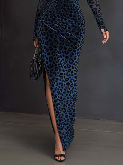 Blue Velvet Leopard Print Mesh Sleeve Cutout Bodycon Dress