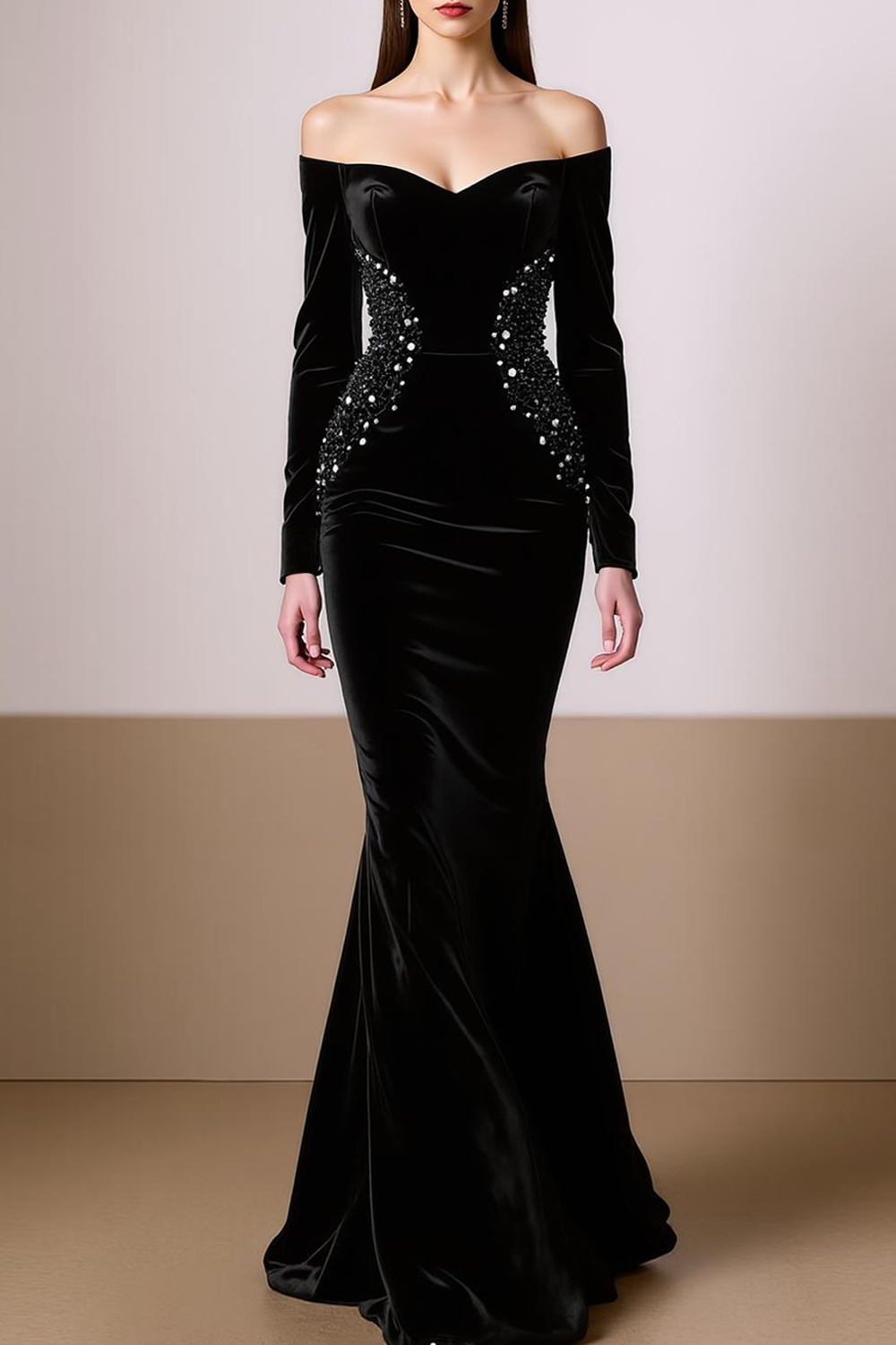 Evening Formal Dress Mermaid Black Long Sleeves Beaded Maxi Dress