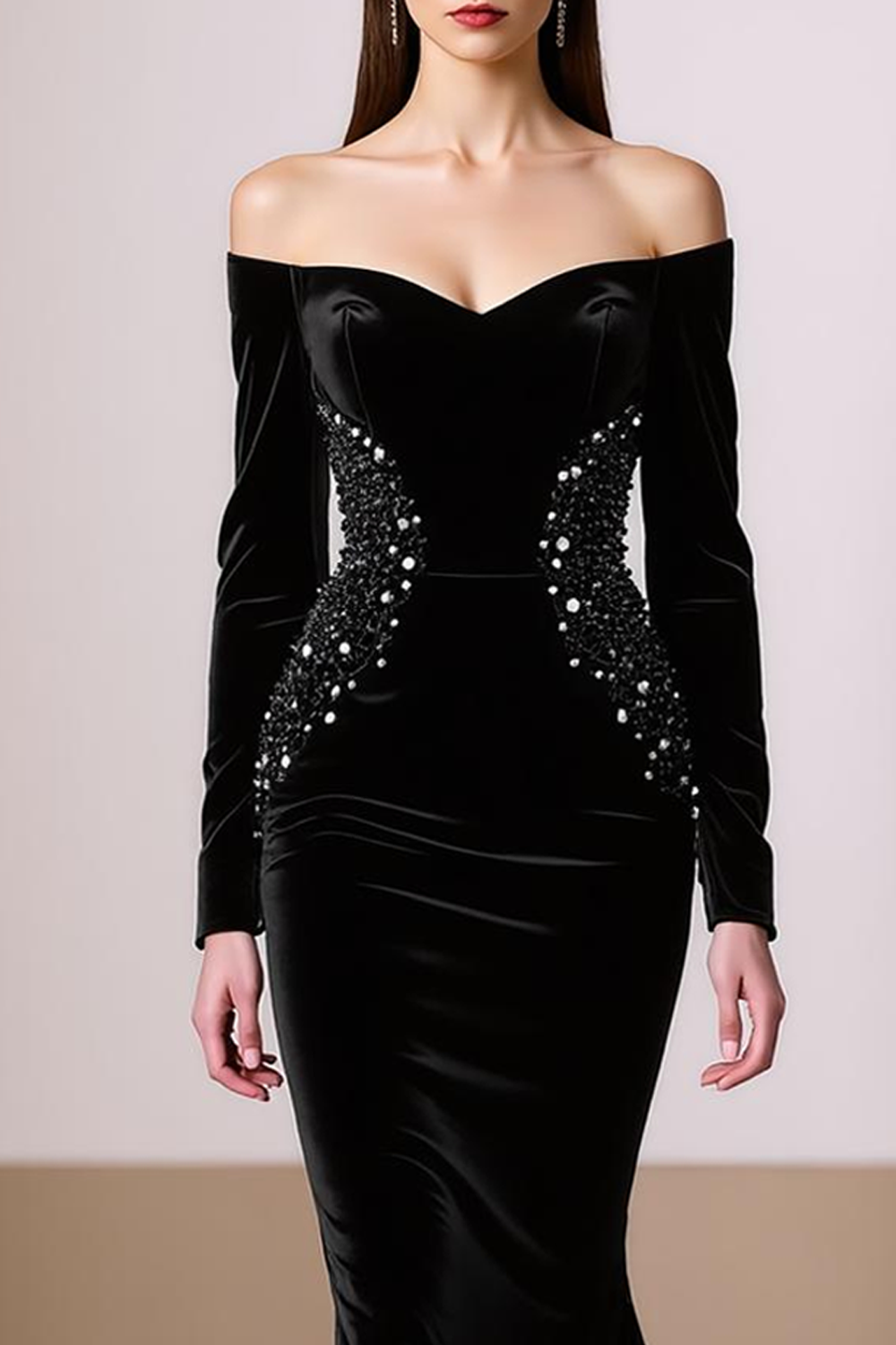 Evening Formal Dress Mermaid Black Long Sleeves Beaded Maxi Dress