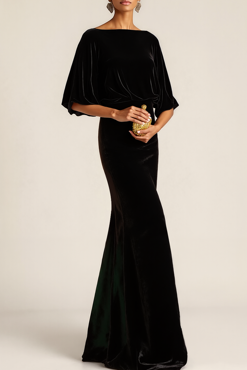 Evening Formal Dress Black Mermaid Crew Neck Velvet Maxi Dress