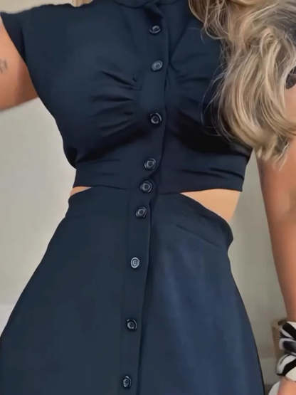 Split Waist Button Midi Dress