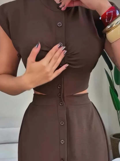 Split Waist Button Midi Dress