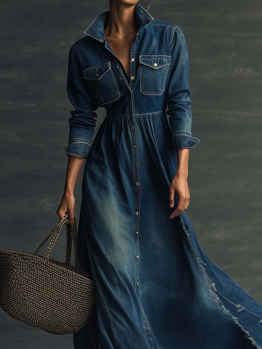 Stylish Stand Collar Washed Raw Hem Maxi Dress