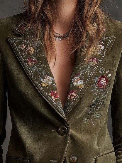 Olive Green Velvet Blazer With Intricate Floral Embroidery