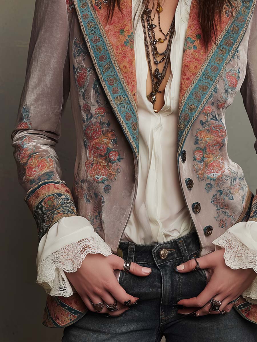 Vintage Button Floral Polyester Velvet Blazer