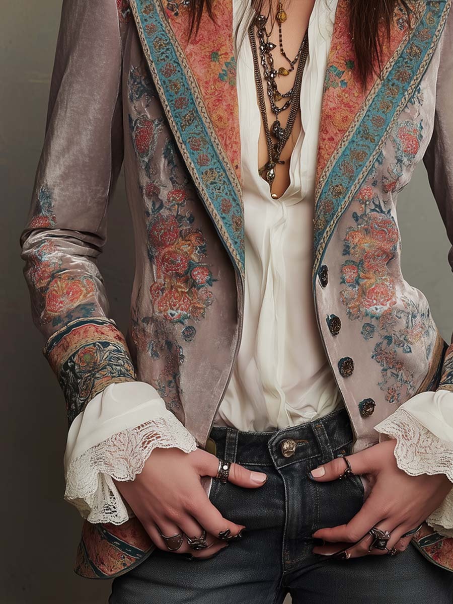 Vintage Button Floral Polyester Velvet Blazer