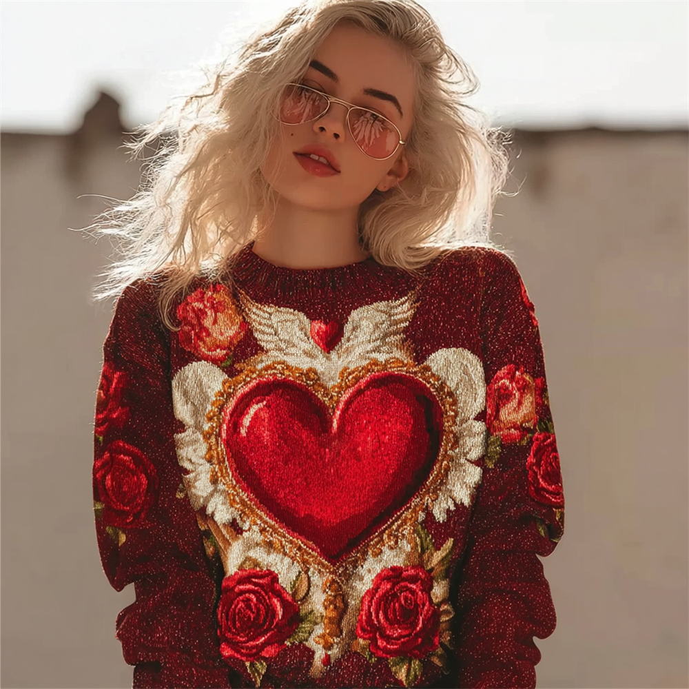 Valentine's Day Love Rose Pattern Glitter Women's Cozy Crew Neck Sweater