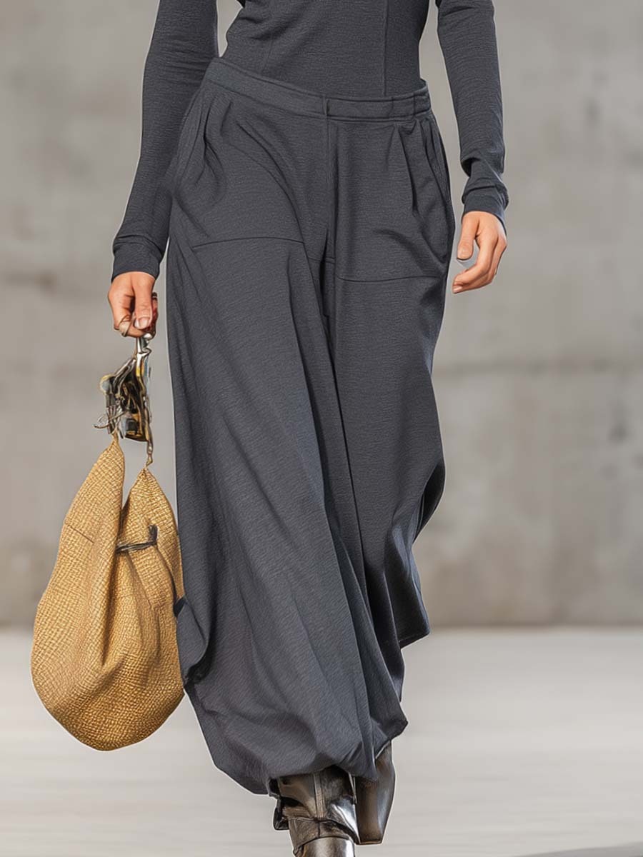 Half-mocked zip-up top and wide-leg pants set