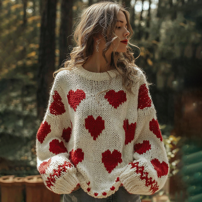 Women's Retro Valentine's Day Hearts Pattern Cozy Knit Sweater