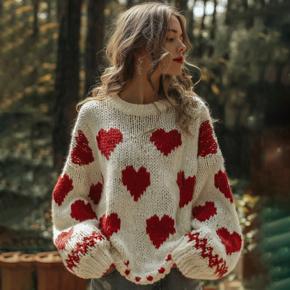 Women's Retro Valentine's Day Hearts Pattern Cozy Knit Sweater