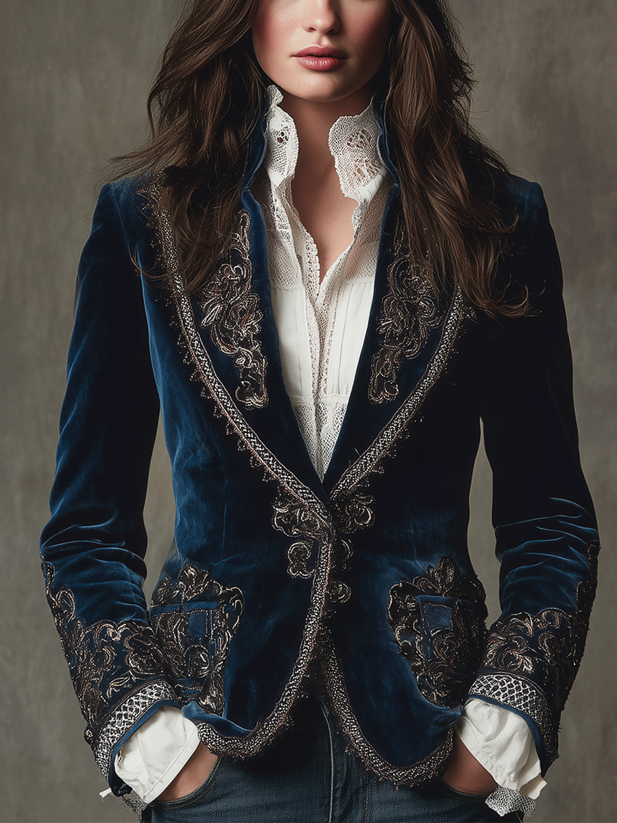 Regal Baroque Embroidered Velvet Tailored Blazer