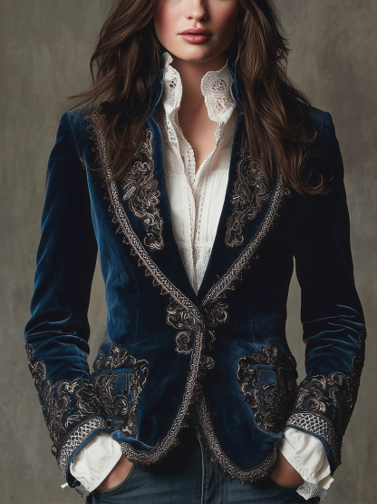 Regal Baroque Embroidered Velvet Tailored Blazer