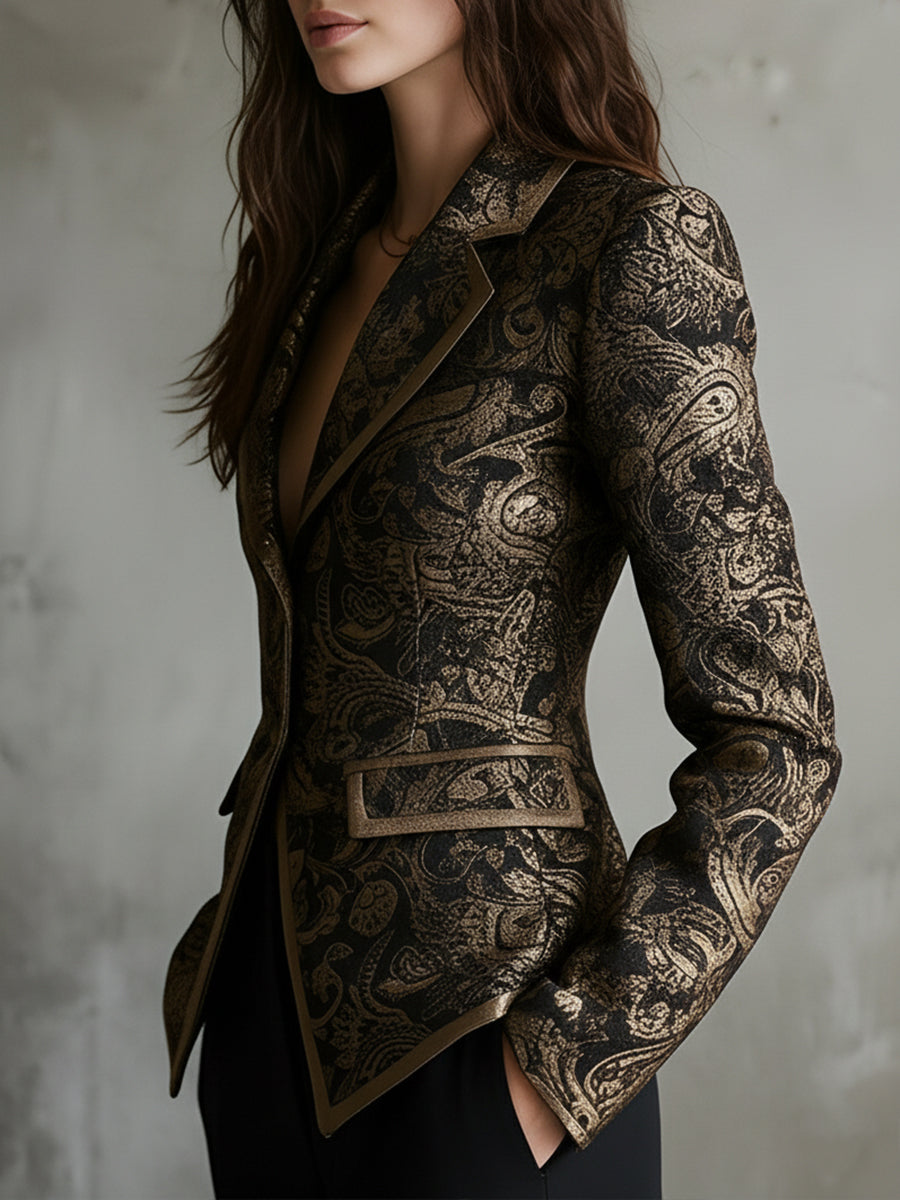 Quiet Luxury Paisley Jacquard Wrapped Lapels Fitted Blazer
