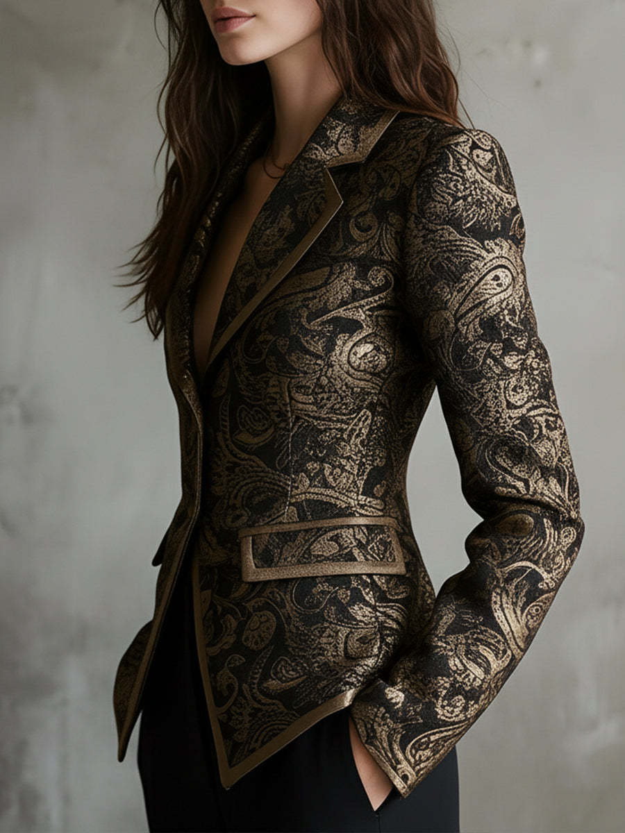 Quiet Luxury Paisley Jacquard Wrapped Lapels Fitted Blazer