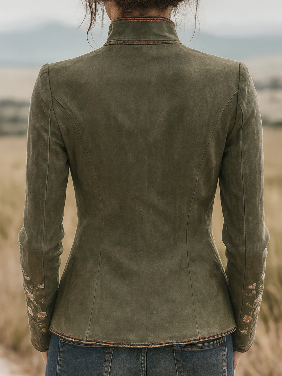 Retro Stand-up Collar Floral Embroidery Contrast Trim Jacket