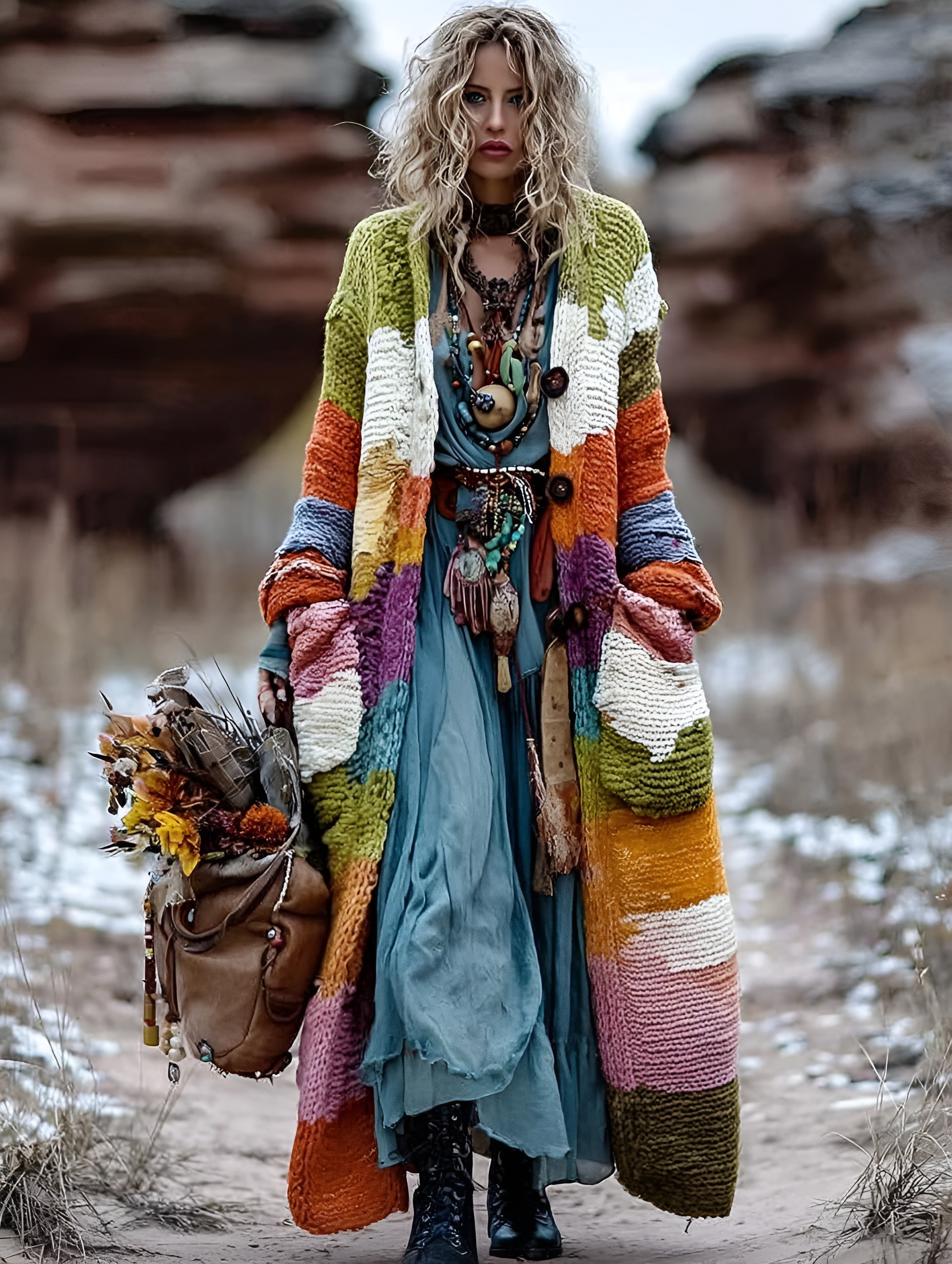 Women's Bohemian color patchwork pattern knitted cardigan