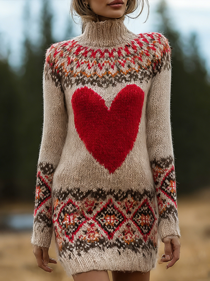 Valentine's Day Love Heart Pattern Women's High Neck Sweater Dress