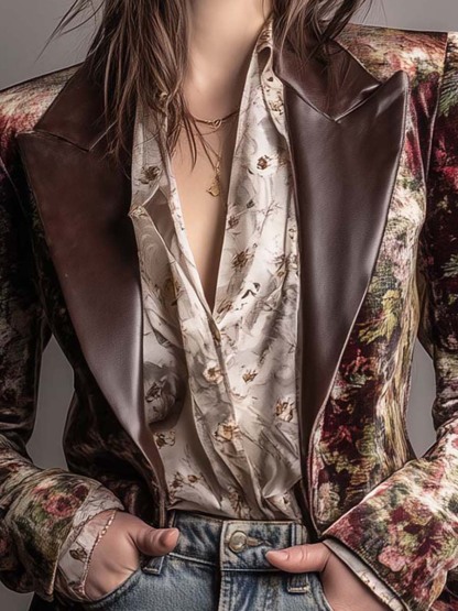 Vintage Floral Velvet Blazer With Leather Lapels