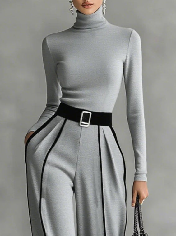 Gray Trim High-neck Long-sleeved Top With Wide-leg Pants and Belt Set