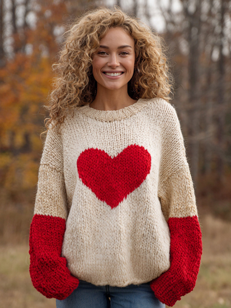 Women's Valentine's Day Heart Pattern Color Blocking Knitted Cardigan