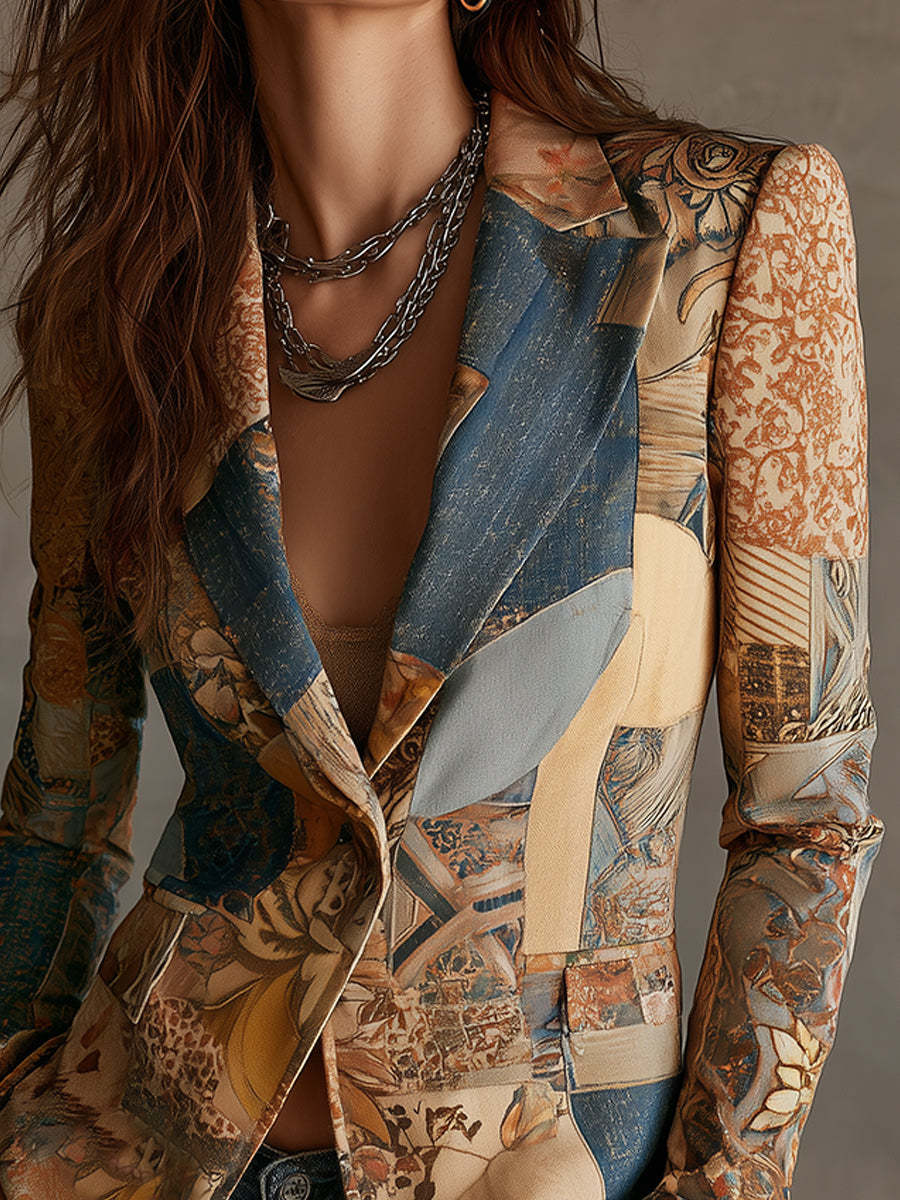 Nomadic Bohemian Style Retro Graphic Lapel Blazer