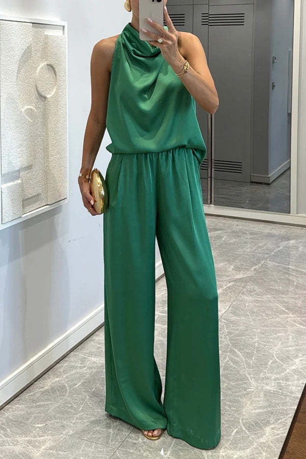 Classic on You Satin High Cowl Neck Top and Elastic Waist Pocket Loose Pants Set