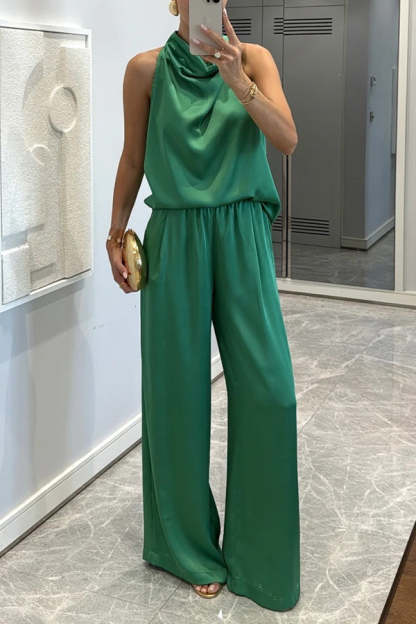 Classic on You Satin High Cowl Neck Top and Elastic Waist Pocket Loose Pants Set