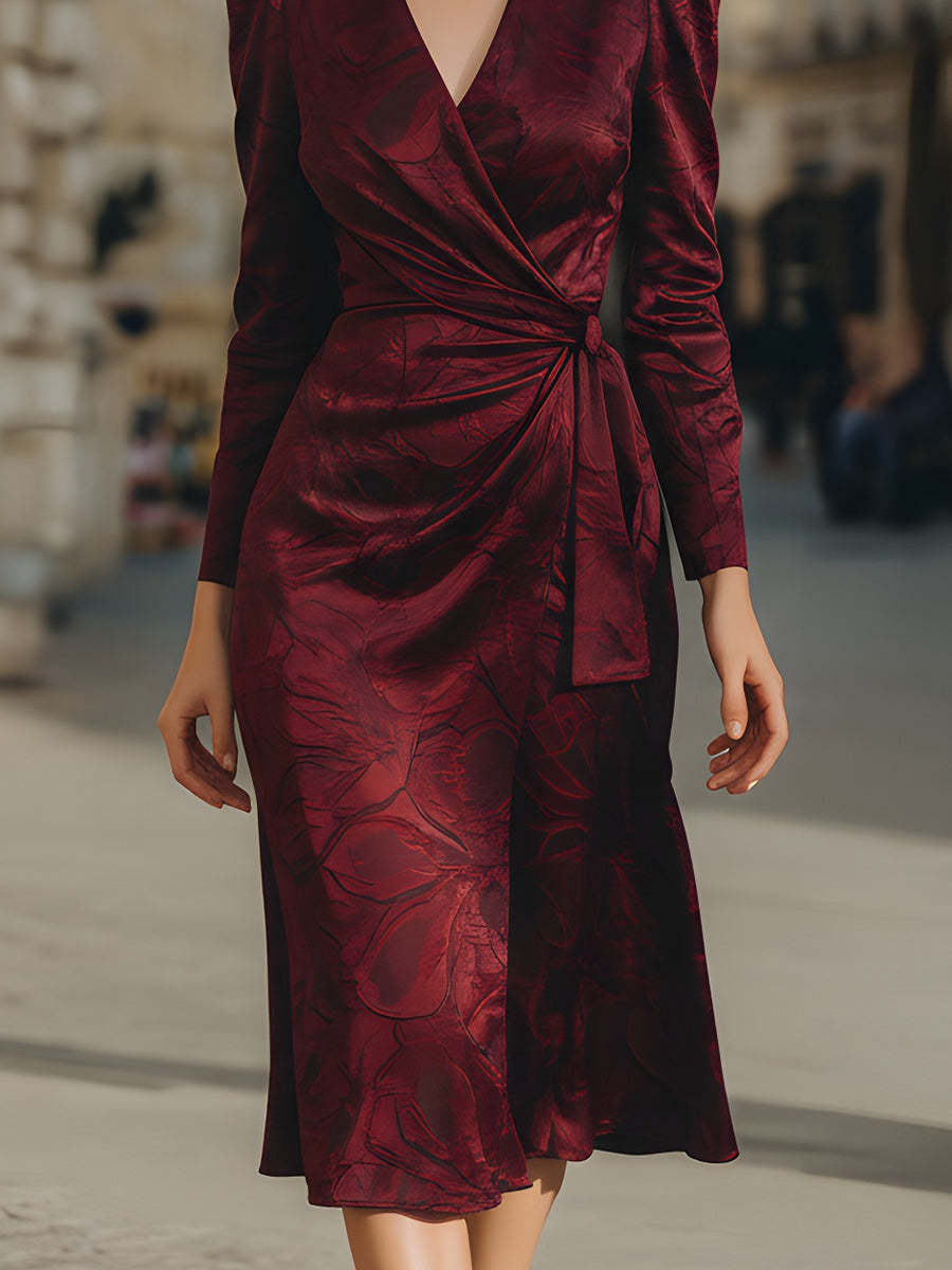 Burgundy Jacquard Wrap Midi Dress