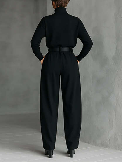 All-black Turtleneck Long-sleeved T-shirt And Straight-leg Pants Two-piece Set (including Belt)