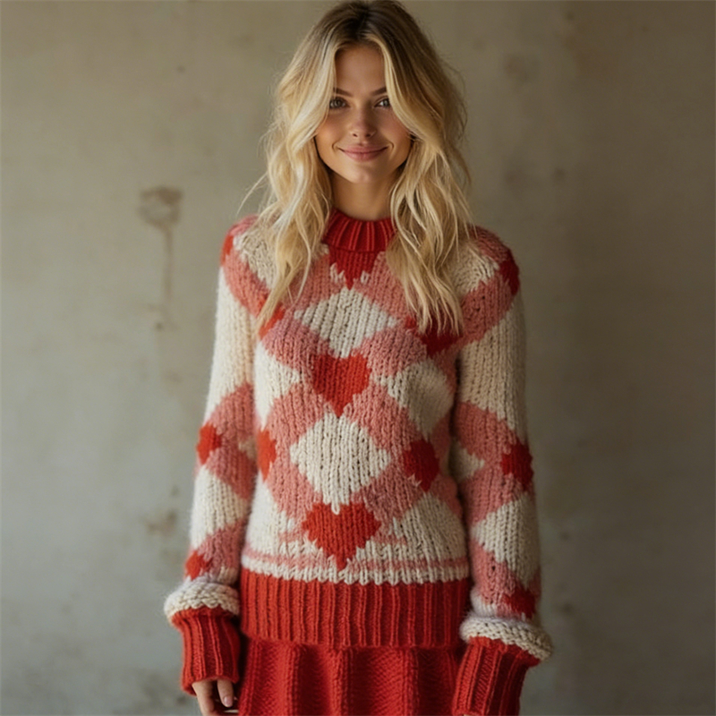 Vintage Valentine's Day Hearts Tartan Cozy Knit Sweater