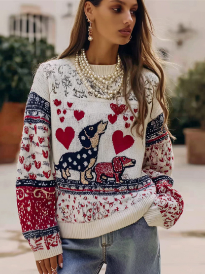Valentine's Day Love Dogs Art Jacquard Warm Round Neck Sweater
