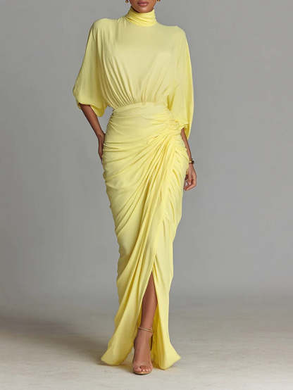 Bright Yellow Drape Comfortable Blended Maxi Dress