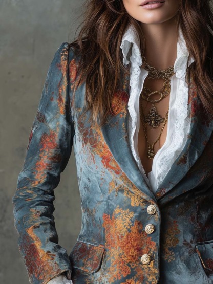 Retro Oil Painting Style Polyester Velvet Printed Double-breasted Blazer