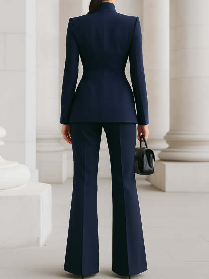 Sophisticated Navy High-Collar Blazer & Wide-Leg Trousers Set